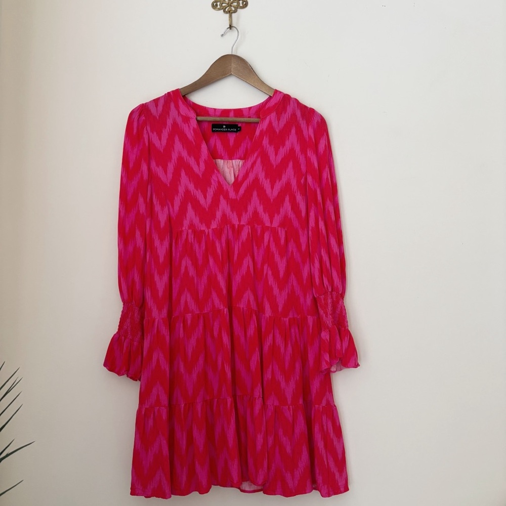 Pomander Place Hot Pink Ikat Kenzo Tiered Mini Dress Medium